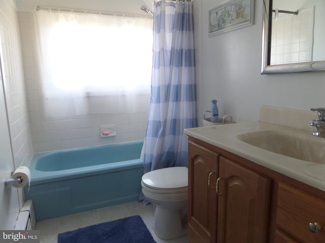 bathroom featuring vanity, a baseboard radiator, tile patterned flooring, shower / tub combo, and toilet