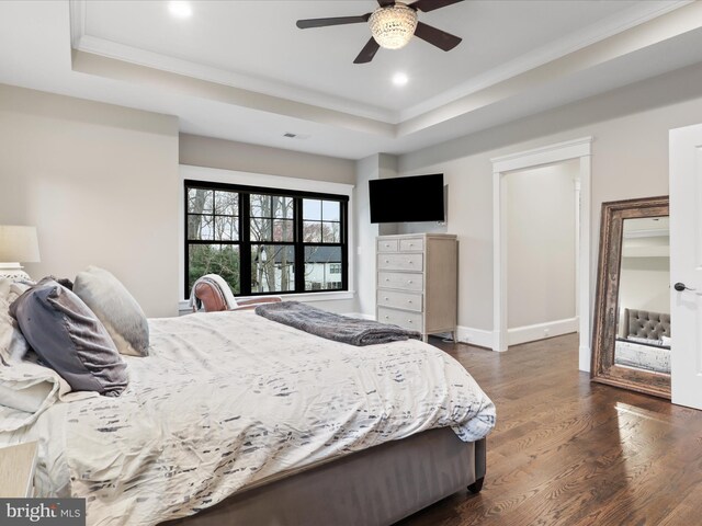 403 Colin Ln NW, Vienna, VA 22180 - bedroom with recessed lighting, a tray ceiling, baseboards, and dark wood finished floors