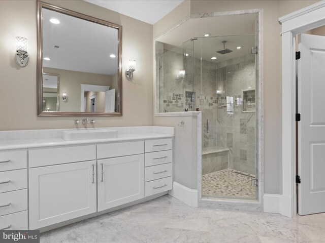 403 Colin Ln NW, Vienna, VA 22180 - full bathroom with vanity, recessed lighting, baseboards, a shower stall, and marble finish floor