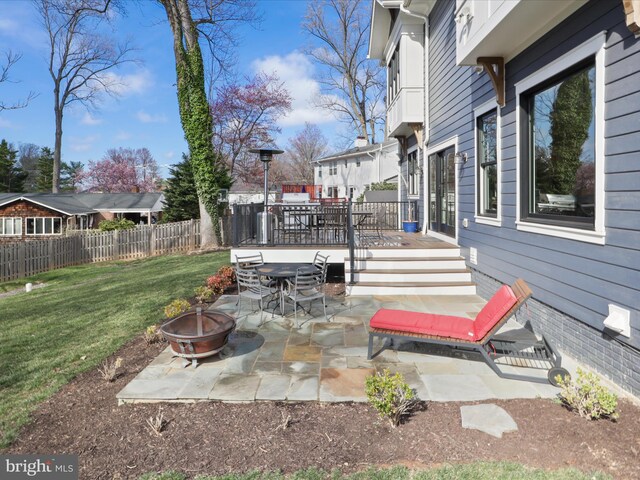 403 Colin Ln NW, Vienna, VA 22180 - view of patio featuring a fire pit, a wooden deck, and fence
