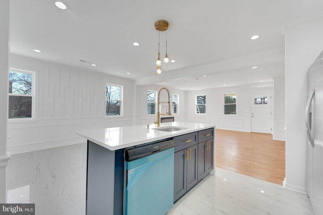 kitchen with dishwasher, pendant lighting, light countertops, a decorative wall, and marble finish floor