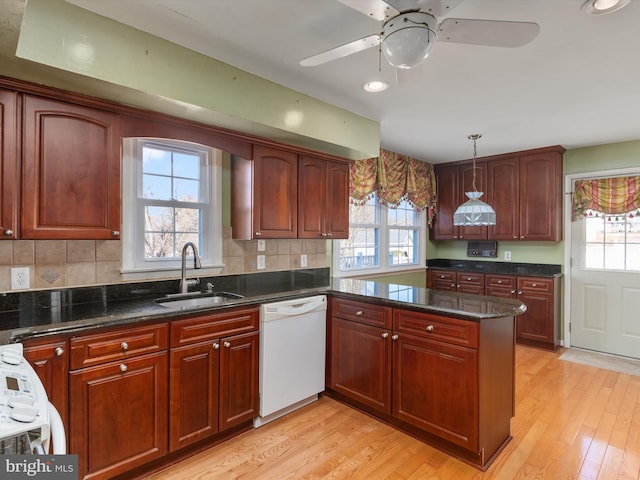 kitchen featuring a sink, a healthy amount of sunlight, light wood-type flooring, and white dishwasher