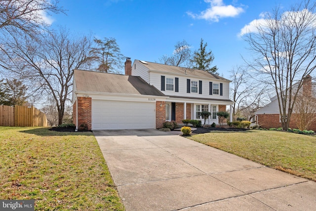 view of front facade featuring brick siding, an attached garage, concrete driveway, and fence