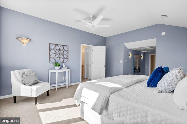 carpeted bedroom featuring visible vents, lofted ceiling, baseboards, and a ceiling fan