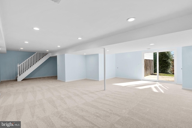 basement with stairs, carpet flooring, recessed lighting, and baseboards