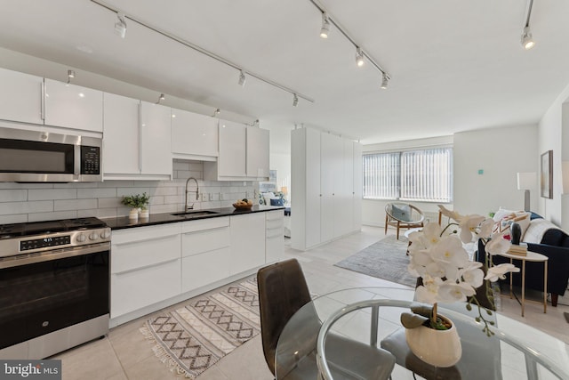 kitchen featuring a sink, stainless steel appliances, backsplash, and track lighting