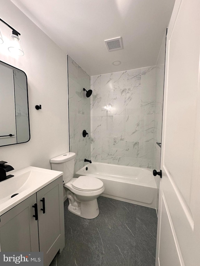 full bath featuring shower / washtub combination, marble finish floor, visible vents, toilet, and vanity