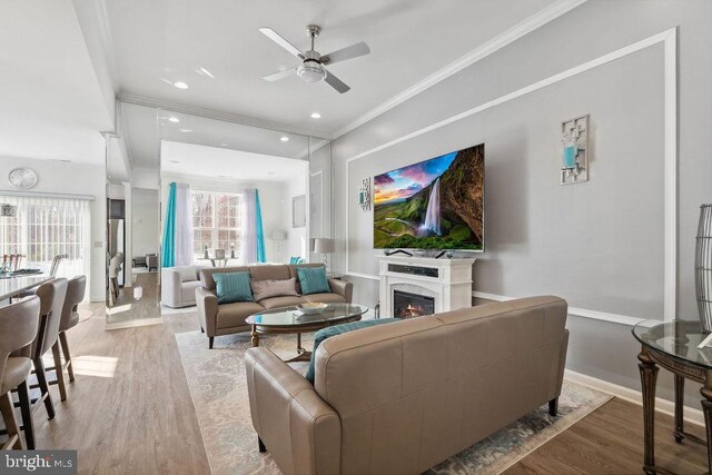 3785 Dorchester Dr, Williamstown, NJ 08094 - living area with a glass covered fireplace, ornamental molding, and wood finished floors