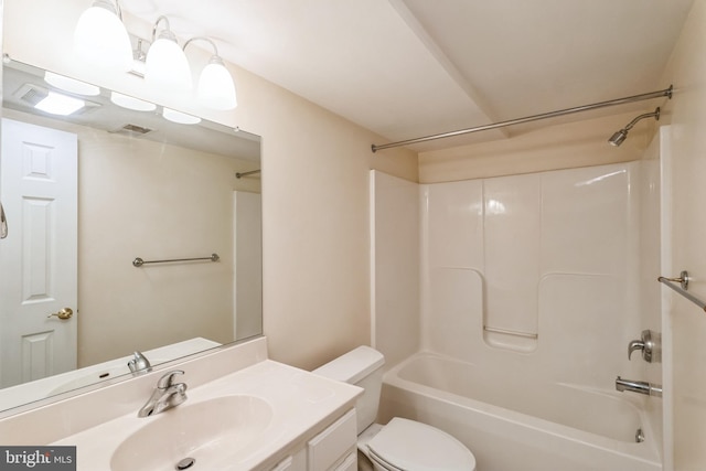 full bath featuring visible vents, vanity, toilet, and shower / bathtub combination