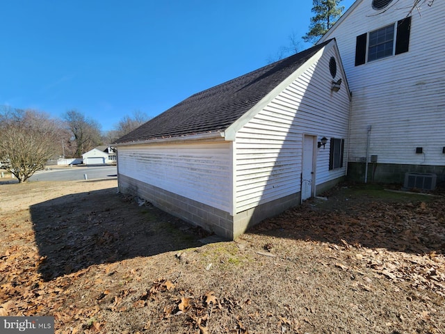 view of property exterior featuring roof with shingles and central air condition unit