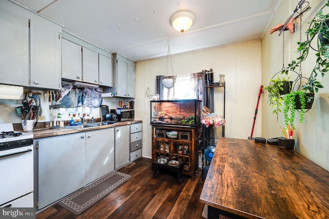 kitchen with dark wood-style floors, range hood, stainless steel microwave, white range with gas cooktop, and a sink