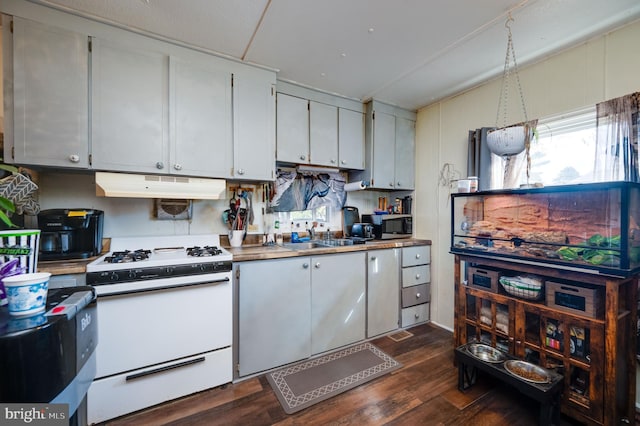 kitchen featuring under cabinet range hood, a sink, dark wood-style floors, stainless steel microwave, and white gas range