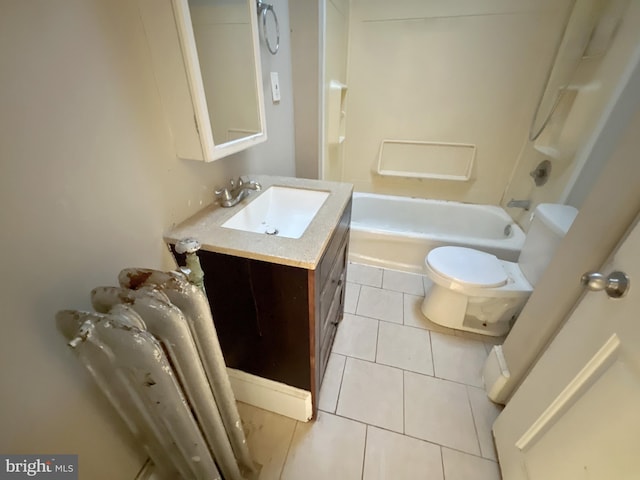 bathroom featuring toilet, shower / tub combination, vanity, and tile patterned floors