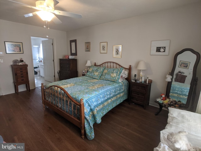 bedroom featuring ensuite bath, ceiling fan, and wood finished floors