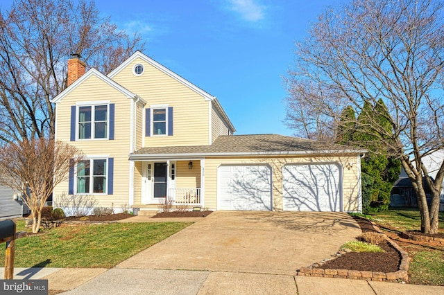 traditional-style home with a front yard, covered porch, a chimney, driveway, and an attached garage