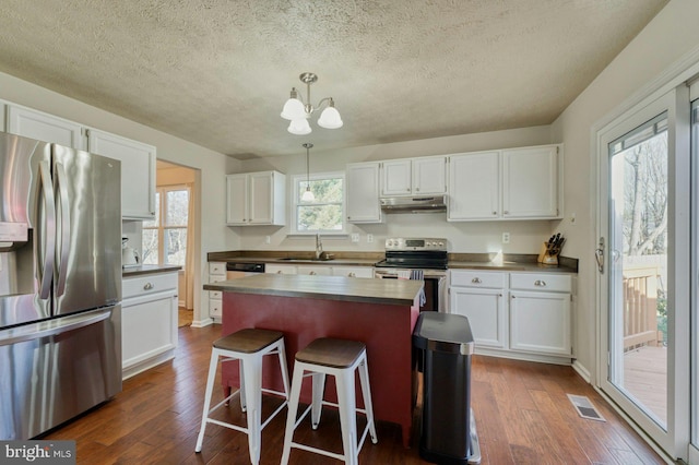 kitchen with visible vents, under cabinet range hood, stainless steel appliances, white cabinetry, and a sink