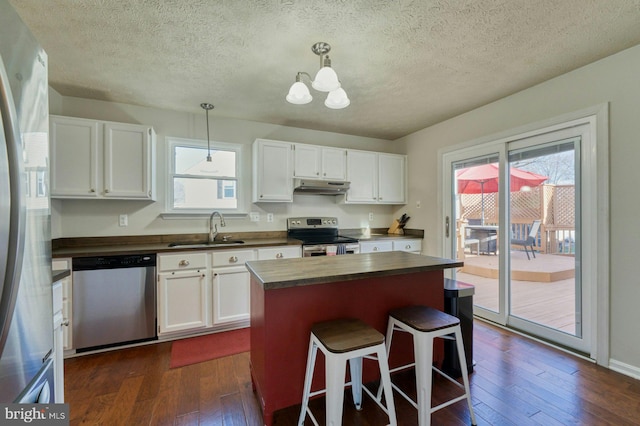 kitchen with a sink, under cabinet range hood, dark wood finished floors, appliances with stainless steel finishes, and white cabinets