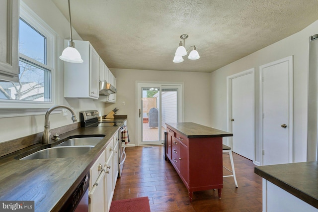 kitchen featuring a sink, under cabinet range hood, dark wood finished floors, stainless steel range with electric cooktop, and wooden counters