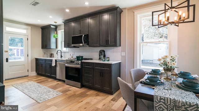 kitchen featuring visible vents, light countertops, appliances with stainless steel finishes, backsplash, and light wood finished floors