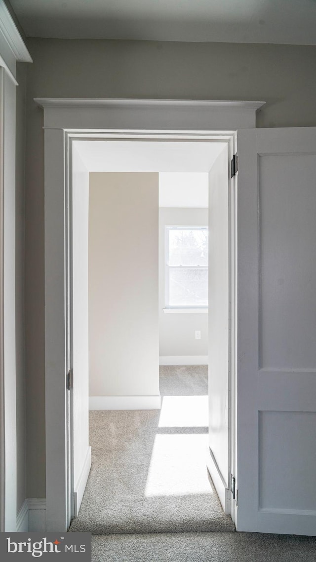 corridor featuring carpet and baseboards