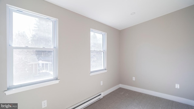 carpeted empty room with a baseboard radiator, a healthy amount of sunlight, and baseboards