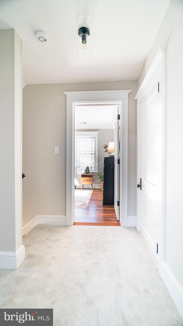 corridor featuring carpet flooring and baseboards