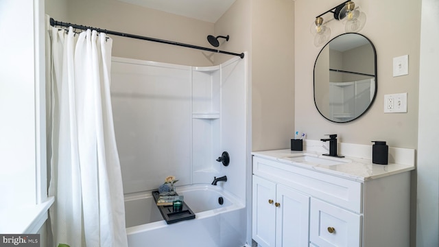 full bath with shower / tub combo with curtain and vanity