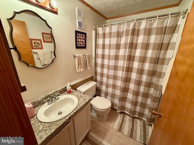 bathroom featuring a textured ceiling, toilet, visible vents, vanity, and crown molding