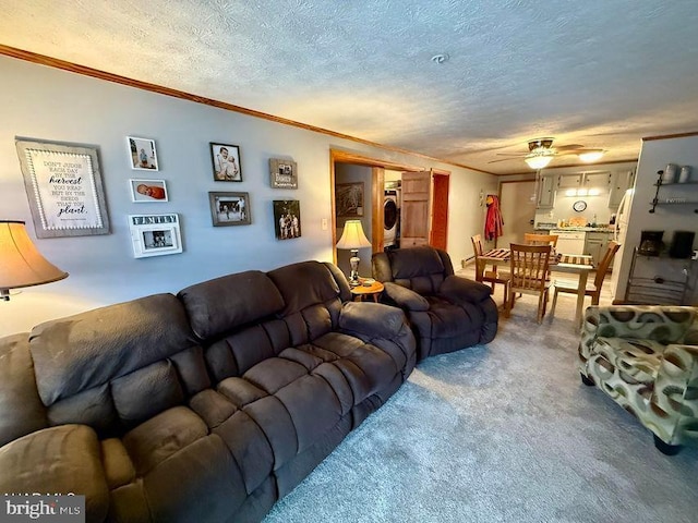 carpeted living room with a textured ceiling, ornamental molding, and washer / dryer