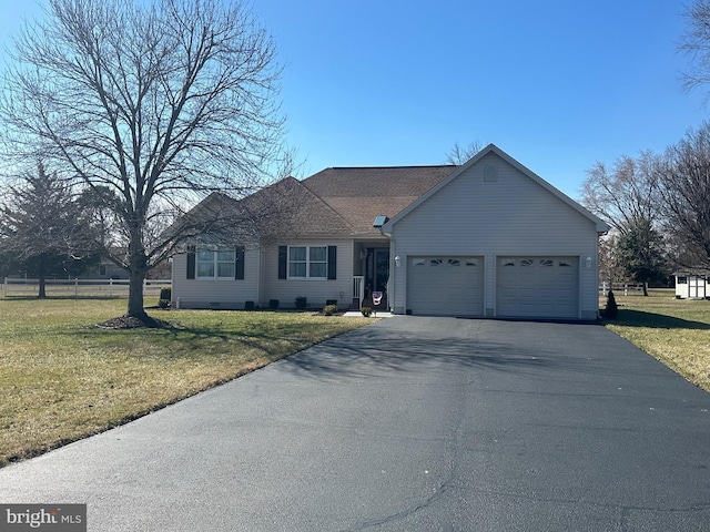 single story home featuring a garage, driveway, a front lawn, and roof with shingles