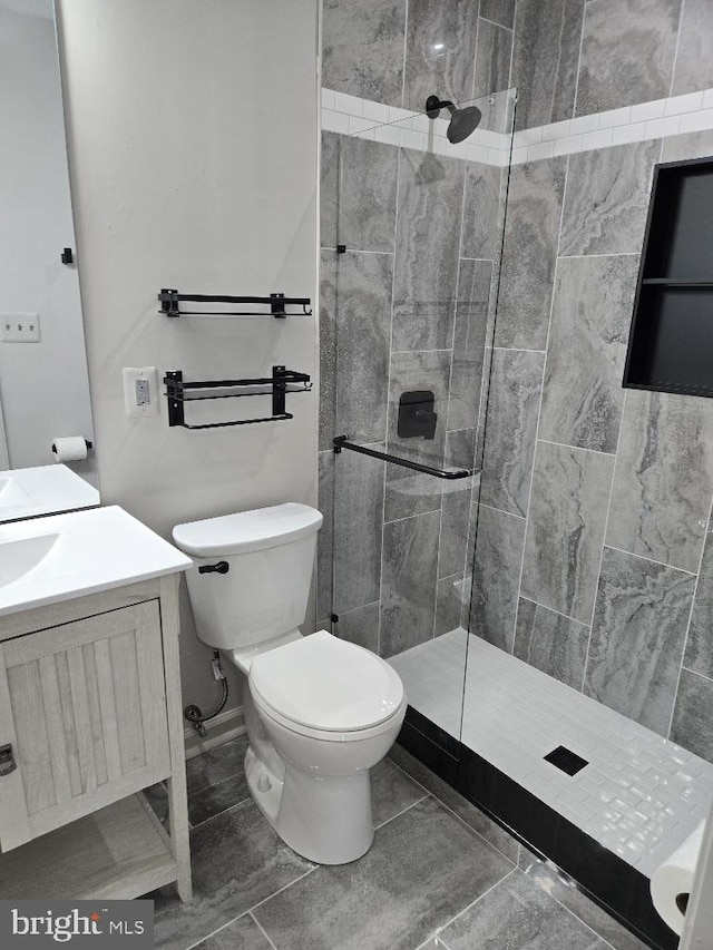 bathroom with toilet, walk in shower, and vanity