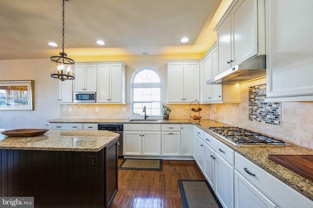 kitchen featuring dark wood finished floors, a sink, appliances with stainless steel finishes, under cabinet range hood, and white cabinetry