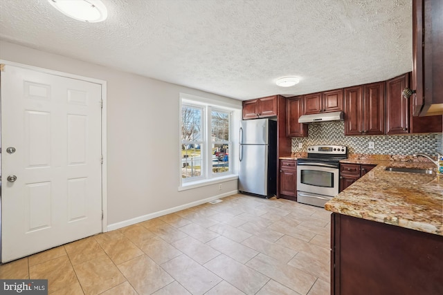 kitchen with a sink, under cabinet range hood, appliances with stainless steel finishes, decorative backsplash, and baseboards