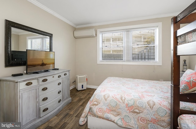 bedroom featuring baseboards, dark wood-style floors, ornamental molding, and a wall mounted AC