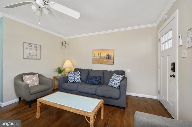 living area with ceiling fan, crown molding, baseboards, and wood finished floors