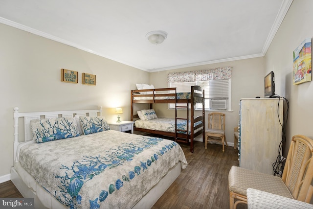 bedroom with cooling unit, baseboards, dark wood-style floors, and ornamental molding