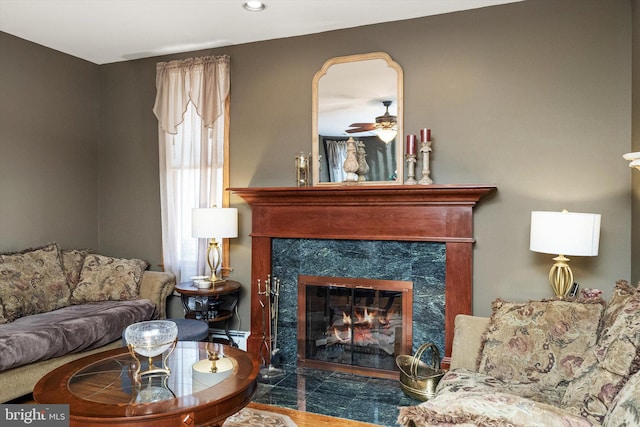 living room featuring a baseboard heating unit and a high end fireplace