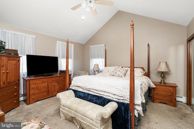 bedroom featuring baseboard heating, light colored carpet, a ceiling fan, and lofted ceiling