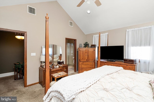 bedroom featuring visible vents, light carpet, high vaulted ceiling, and baseboards