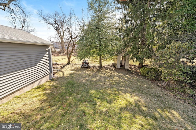 view of yard featuring an outbuilding and a storage shed