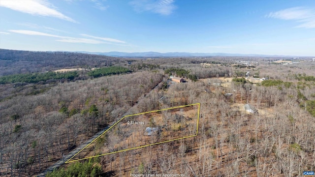 birds eye view of property with a mountain view and a wooded view