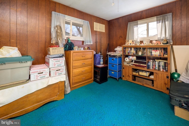 interior space featuring wood walls and carpet