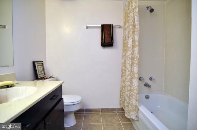 full bathroom featuring vanity, tile patterned flooring, toilet, and shower / tub combo with curtain