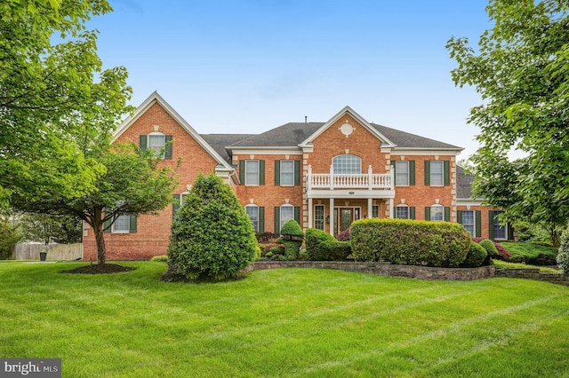 colonial-style house featuring brick siding, a balcony, and a front lawn