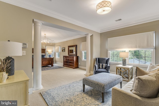 interior space featuring visible vents, ornate columns, and light carpet