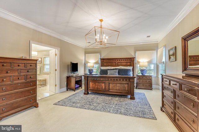 bedroom with a chandelier, light colored carpet, crown molding, and baseboards