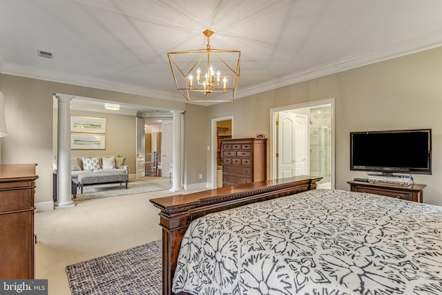 bedroom with decorative columns, ornamental molding, and carpet flooring