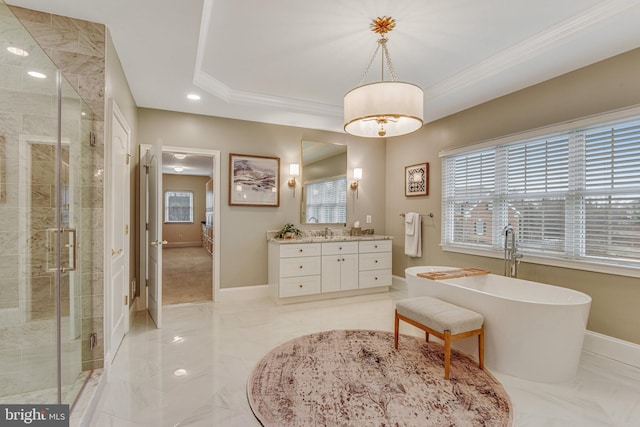 bathroom with a shower stall, baseboards, marble finish floor, vanity, and a raised ceiling