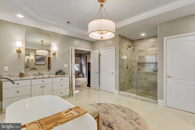 full bath with visible vents, a soaking tub, a stall shower, crown molding, and marble finish floor