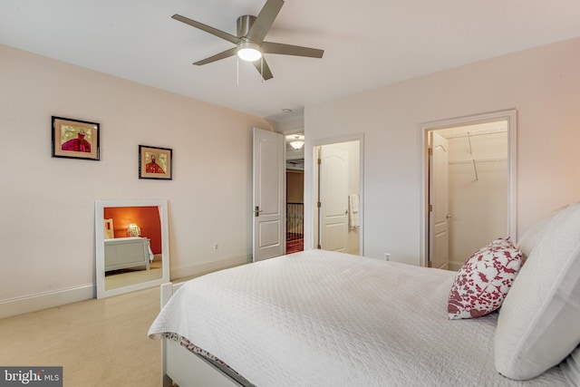 bedroom featuring a spacious closet, a ceiling fan, baseboards, and a closet